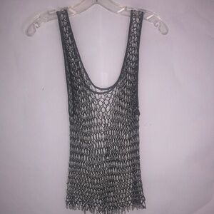 Gray Asymmetrical Beaded Silver Glittery Tank Top